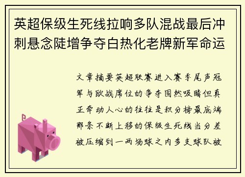 英超保级生死线拉响多队混战最后冲刺悬念陡增争夺白热化老牌新军命运 英超保级生死线拉响多队混战最后冲刺悬念陡增争夺白热化老牌新军命运